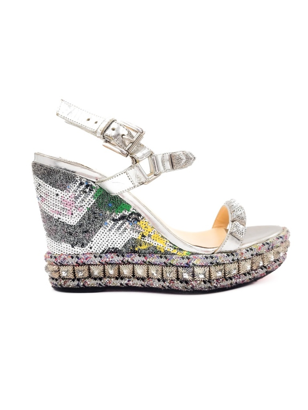Christian Louboutin Sequin Silver Studded Espadrille Platform Sandals EU 37